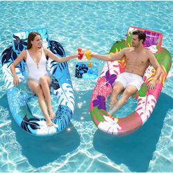 2 Pack Pool Floats Adult Heavy Duty, Inflatable Pool Lounger Float with Detachable Cup Holders & Backrest, Extra Large Pool Rafts Water Floaties for A
