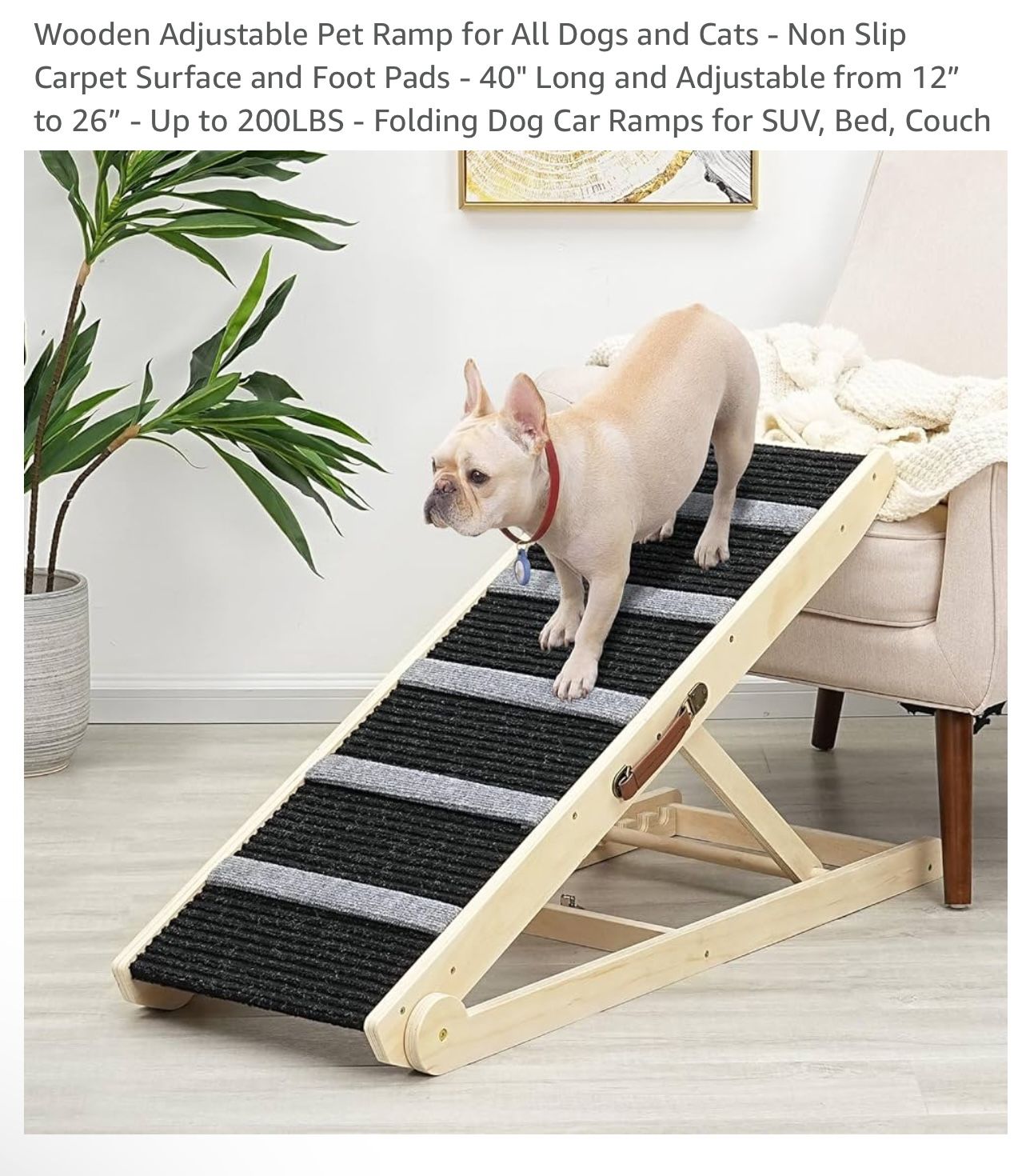 SweetBin Wooden Adjustable Pet Ramp for All Dogs and Cats - Non Slip Carpet Surface and Foot Pads - 40" Long and Adjustable from 12" to 26" - Up to 20