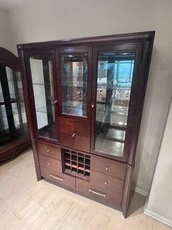 Solid Wood Display Bar Cabinet Wine Rack Glass Shelves 54.5x18x77.5”