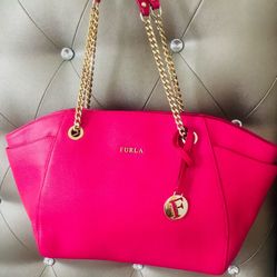 FURLA Julia Tote Bag Pink Saffiano Leather Gold Chain Straps Medium