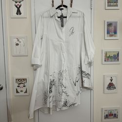 NWT Brand New Zannza White Cotton Poplin Shirtdress Asymmetrical Hem Small