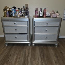 Beautiful Silver Bedside Tables With Glass Studded Design Handles.