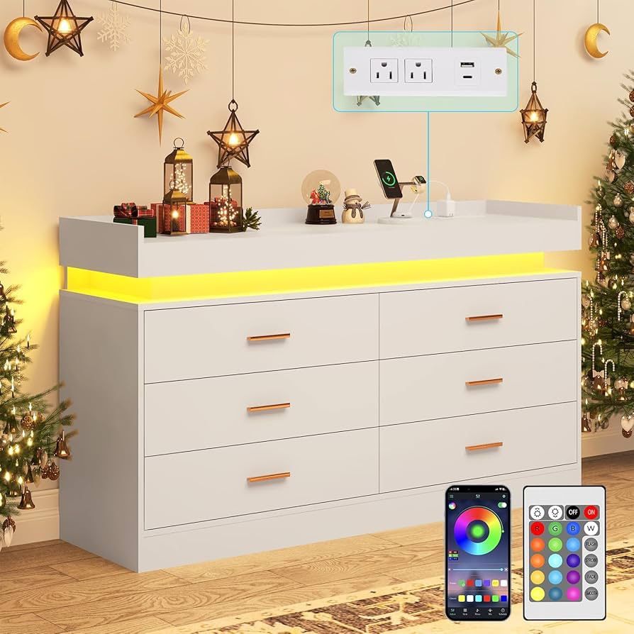 6 Drawer Dresser with Charging Station and LED Lights, Modern Chest of Drawers with Power Outlet, Organizer Cabinet for Bedroom, Living Room, White