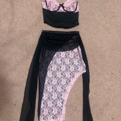 New small black pink lace 2 piece dress goth gothic skirt top lolita crop