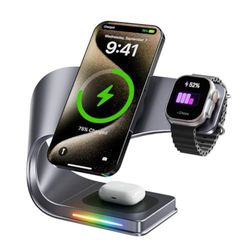 Qi2 Wireless Charger, 3 in 1 Fast Charging Station for iPhone 15/14/13/12, Apple Watch, AirPods, 15W Magnetic Foldable Charging Dock, Portable Wireles