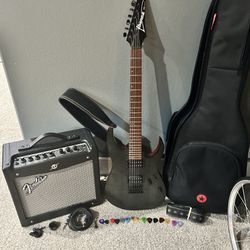 Complete Electric Guitar Set: Ibanez RG, Fender Mustang I Amp, Case, Accessories