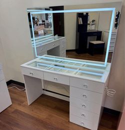 White Vanity Desk with LED Mirror and Drawers