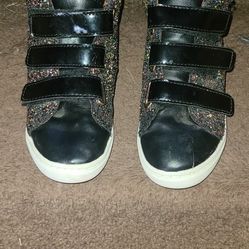 Steve Madden Black Glitter, Gold, Faux Leather High Top Girl's SZ 1 Tennis Shoes


