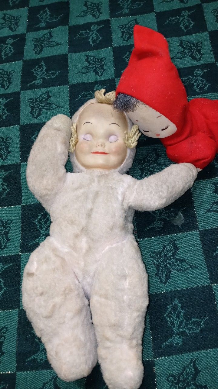 Vintage Knickerbocker Sleepy Head Plush Sleepy Doll And A Poseable Doll In A Red Onesie(poss Knickerbocker?)