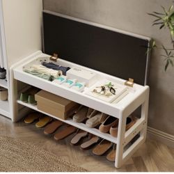 Shoe Rack Bench with Cushion,2 Tiers Shoe Bench with Flip-Top Storage,Wood Shoe Rack for Entryway,Hallway, White