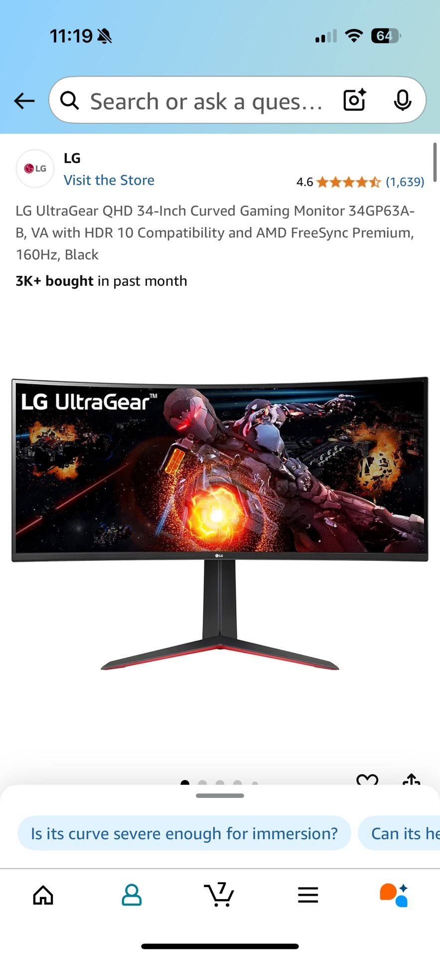 LG UltraGear QHD 34-Inch Curved Gaming Monitor 34GP63A-B, VA with HDR 10 Compatibility and AMD FreeSync Premium, 160Hz, Black