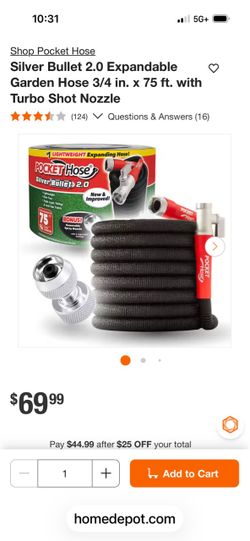 NEW 75 Ft Pocket Hose Silver Bullet 2.0 Expandable Garden Hose 75 ft Expanding w/ nozzle