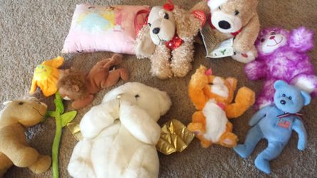 Lot of stuffed animals and one purse shaped puppy