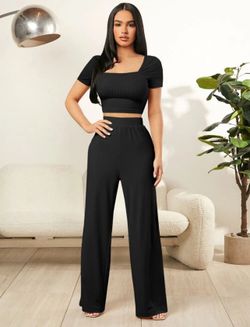 2 Piece Set Square Neck Crop Tee & Wide Leg Pants