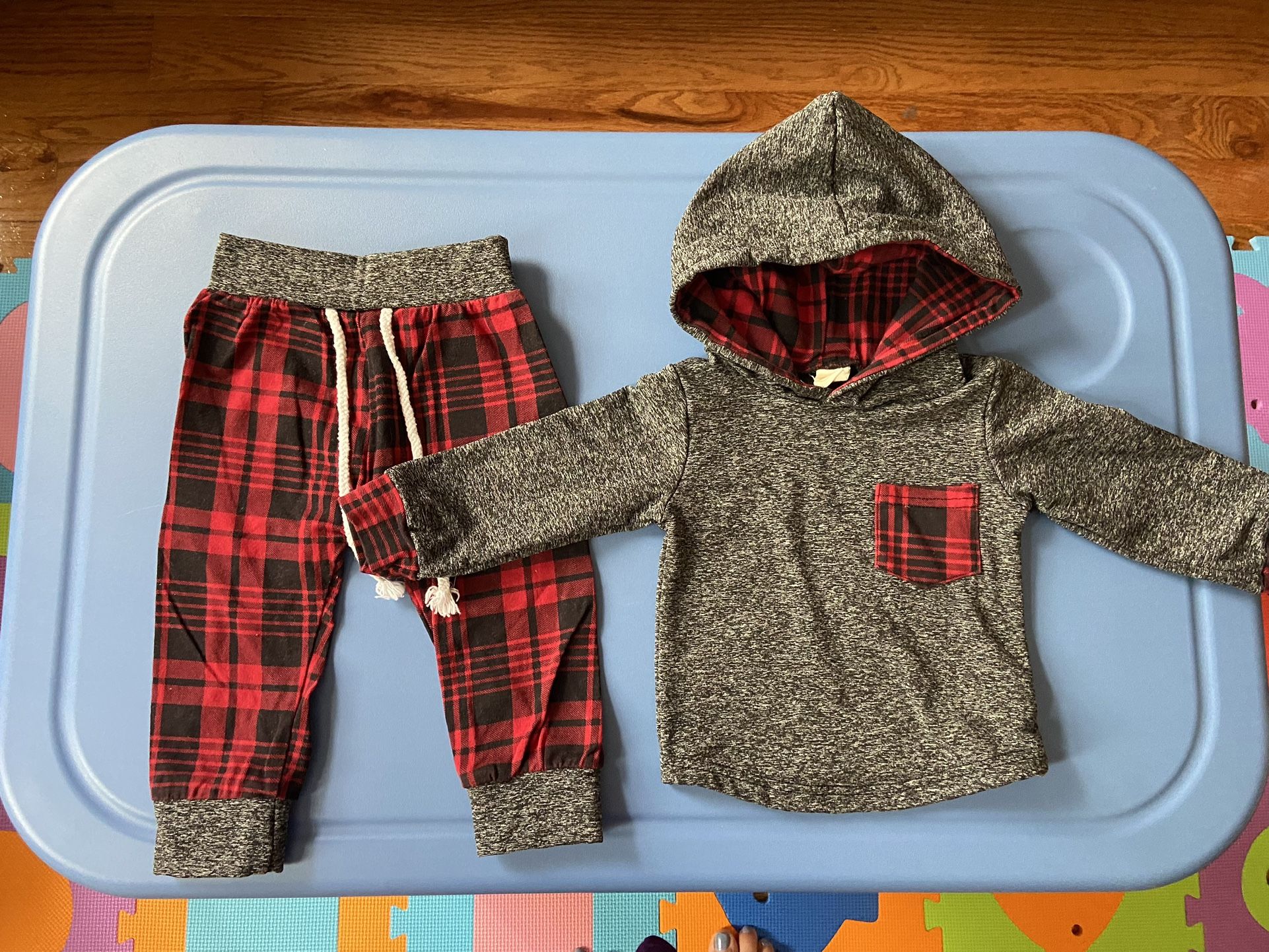Baby Sweatpants and Hoodie Outfit Set Red Checkered Drawstring Pants Size 3-6M