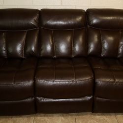 Brown Leather Reclining Sofa with USB Charging – Very Comfortable