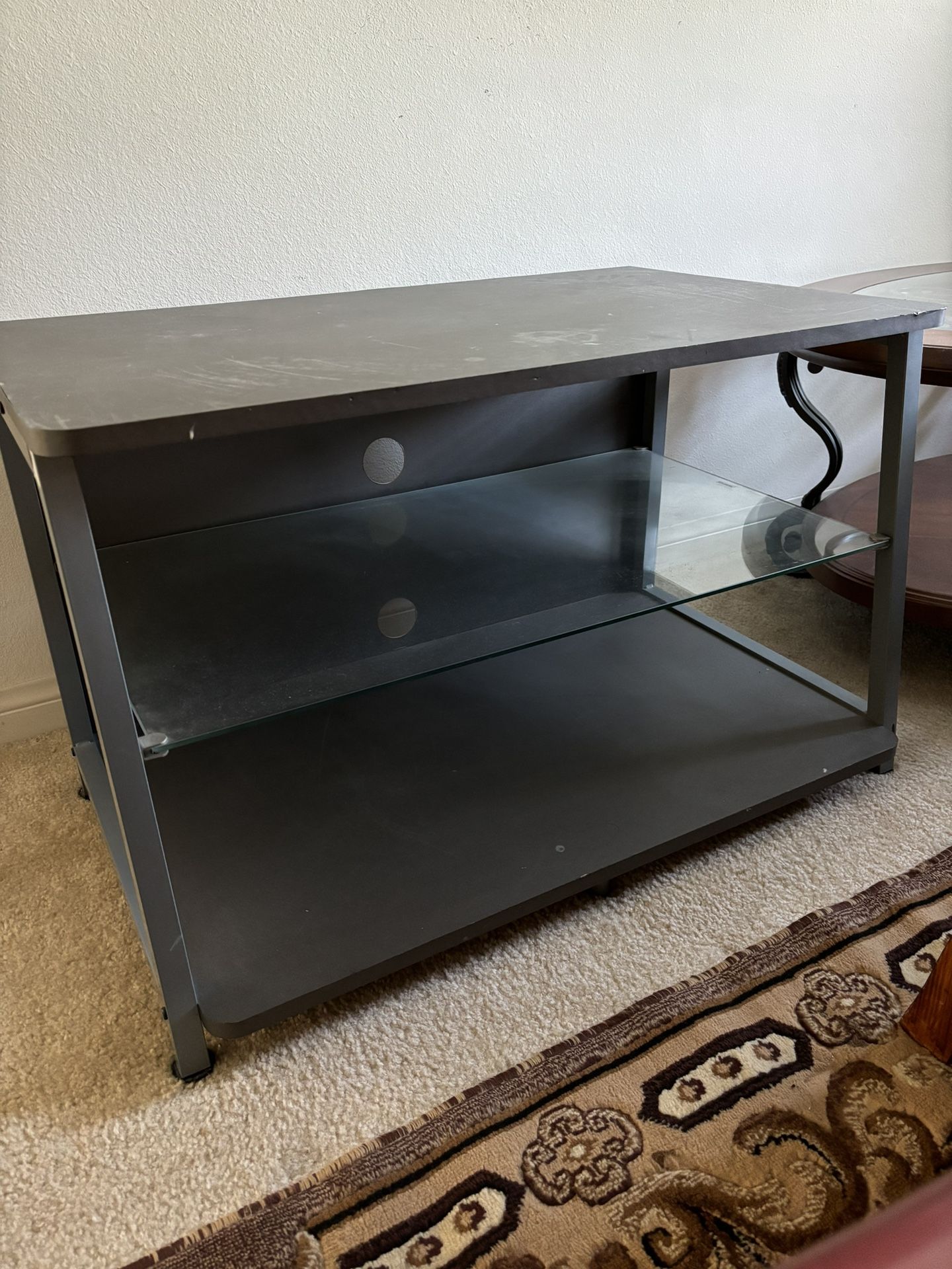 TV Stand Table 35”x22”x22” Grey 2 Shelves With Glass In Case