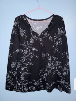 Black Floral Henley Long Sleeve Top MEDIUM