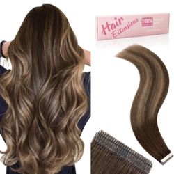 Tape in Hair Extensions,Balayage Chocolate Brown to Light Brown, 20pcs 50g, Double Stitched, 22 inch