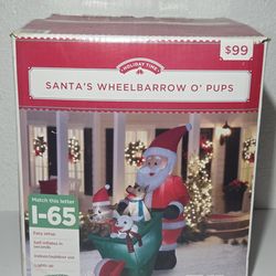 Gemmy 7' Christmas Inflatable Santa's Wheelbarrow O' Pups Holiday Yard Decor