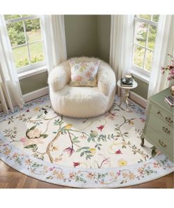 Brandnew Floraison Floral Rug for 6FT Radius Corner Washable Sector Rug Oriental Flower Design Non Slip Quarter Circle Lightweight Low-Pile Throw Carp