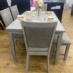 ✅️✅️ 6 pc light finish wood  dining table set padded seat chairs and bench ✅️✅️