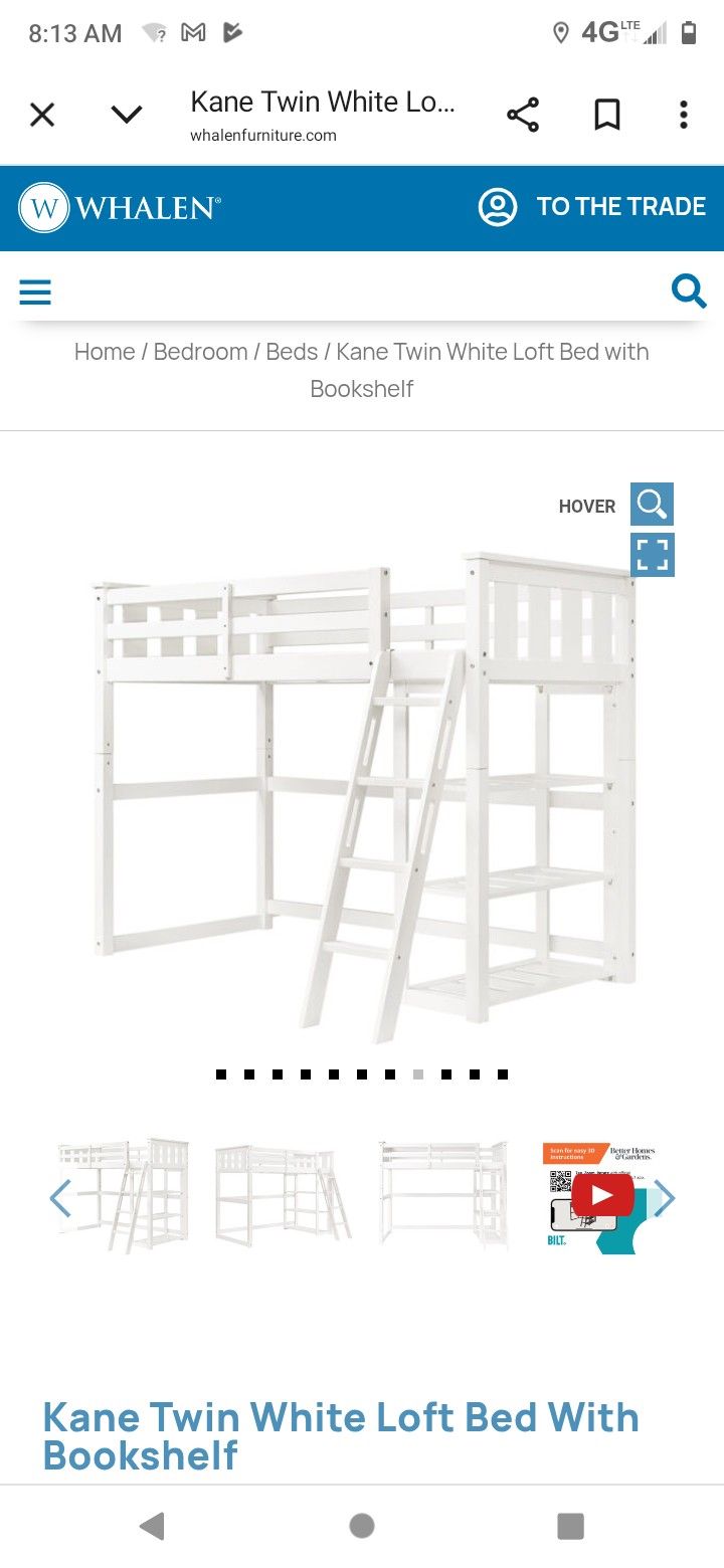 Better Home And Garden White Wooden Frame Twin Size Loft Bed With Built-in Bookshelf And Detachable Ladder Brand New