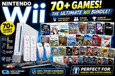 Nintendo Wii Bundle – 70+ Games Included + 2 Controllers – Plug & Play Ready!