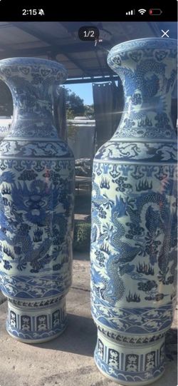 Pair of Large Blue and White Dragon Vases
