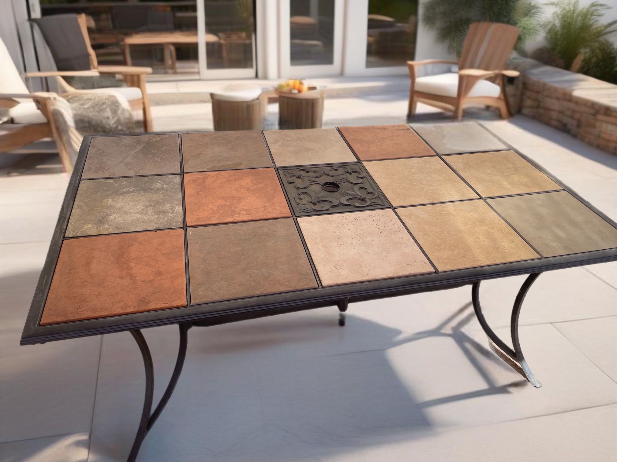 Table, Outdoor Table, Patio, Ceramic Tiles, Removable Tiles, Great Condition, Umbrella Hole, $125