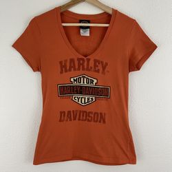 HARLEY DAVIDSON Orange Sturgis South Dakota Logo V Neck Short Sleeve Graphic Tee