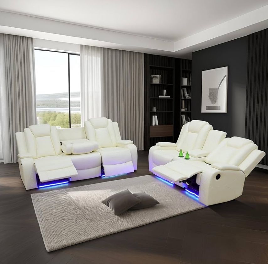 White Leather Power Electric Recliner Sofa Set
