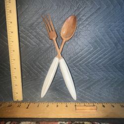 Vintage Salad Tongs Carved Wood With Porcelain Handles 