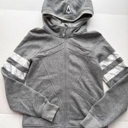 NEW IVIVVA Hoodie By Lululemon Girls 12 Gray/White Stripes Fleece Lined Full Zip Thumb Holes Sweatshirt  