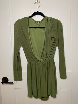 Olive Green Deep V-Neck Long Sleeve Mini Dress