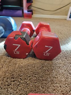 Workout equip, 7  lb dumbells, hip bands set of 3- See prices below