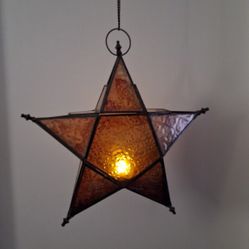 Brass Star Lantern Pendant Candle Holder, Amber red Glass Star Tealight, Style Hanging Star