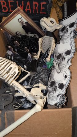 Box of random Halloween decorations including purple lights