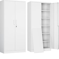 White Metal Cabinet With Shelves And Doors