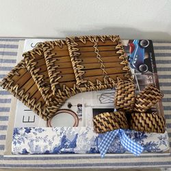 Vintage Rattan and Bamboo Coaster/Napkin Ring Set