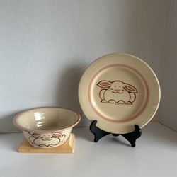 Child’s Pottery Bunny Bowl And Plate