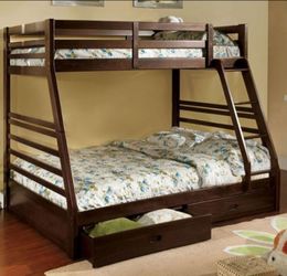 Brand New Espresso Twin over Full Bunk Bed with Trundle Drawers