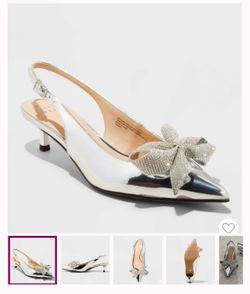A New Day Priscilla Silver Rhinestone Bow Slingback Kitten Heels