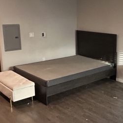 Platform Bed + Mattress + White Bench