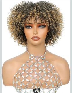 Honey Blonde Short Curly Wig with Bangs Ombre Dirty Blonde Highlight Curly Bang Wigs Kinky Curly Wig Glueless Synthetic Afro Wigs for Women Ready to W