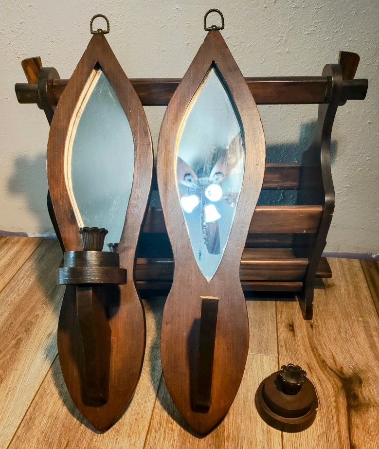 Retro Lot! Pair of Vintage Hanging Wood Candlestick Holders/Sconces & Wooden Magazine Holder