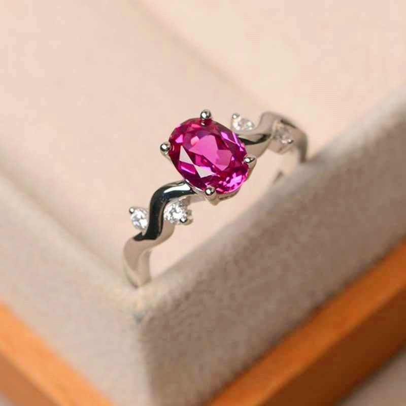 "Pink Oval Ruby Gemstone Shiny Wave Vines Elegant Silver Ring for Women, VIP589