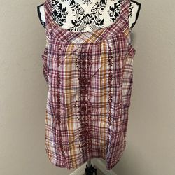Sonoma Tank Top Women’s Size XL Plaid Sleeveless Embroidered Casual Blouse
