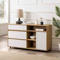 Coastal Oak & White Buffet  or TV Entertainment with Open Storage,(New In A Box)