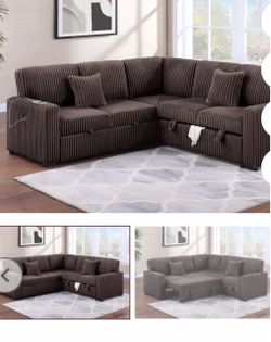 $550.  Sectional Pull Out Bed With Storage USB Cup Holder Available,I Ivory,Dark Gray,Corduroy